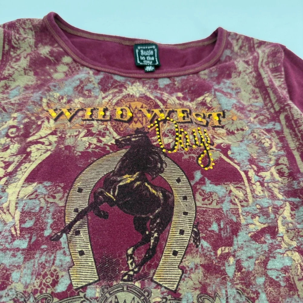 Y2K Wild West Horse Tee Rhinestone Maroon USA Suzie in the City Womens XL‎